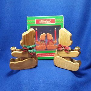 Wooden Teddy Bear Candlestick Holder Set Christmas Around The World Set of 2